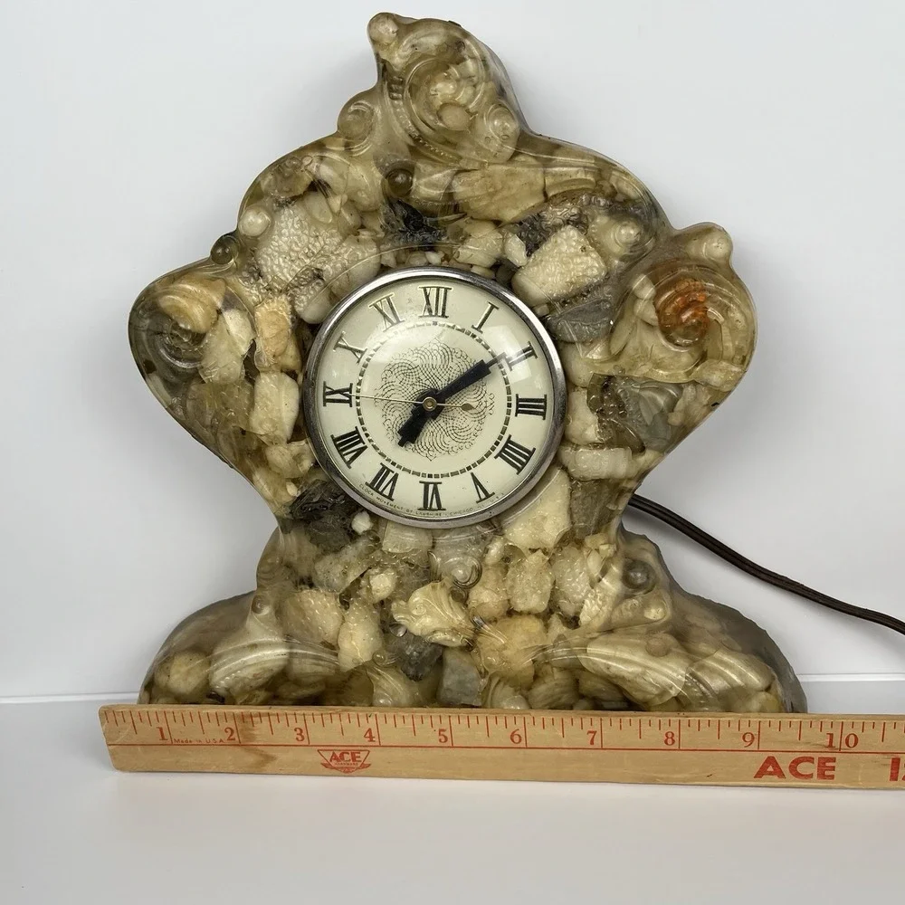Vtg MCM Lanshire‎ Resin Embossed Rock Vomit Mantle Clock WORKS - FLAWS - AS IS